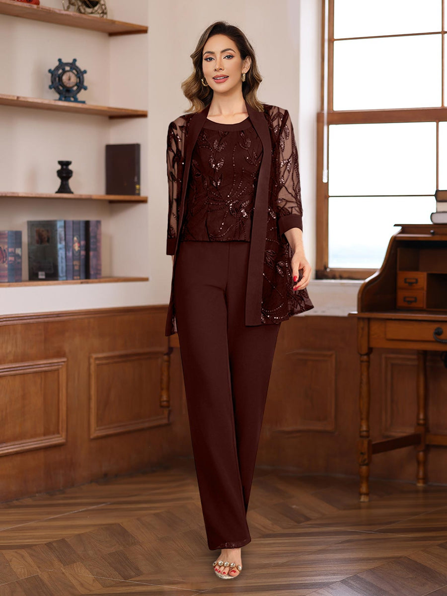 3 Pieces Chiffon Round Neck Floor-Length Mother of the Bride Pantsuits with Sequins