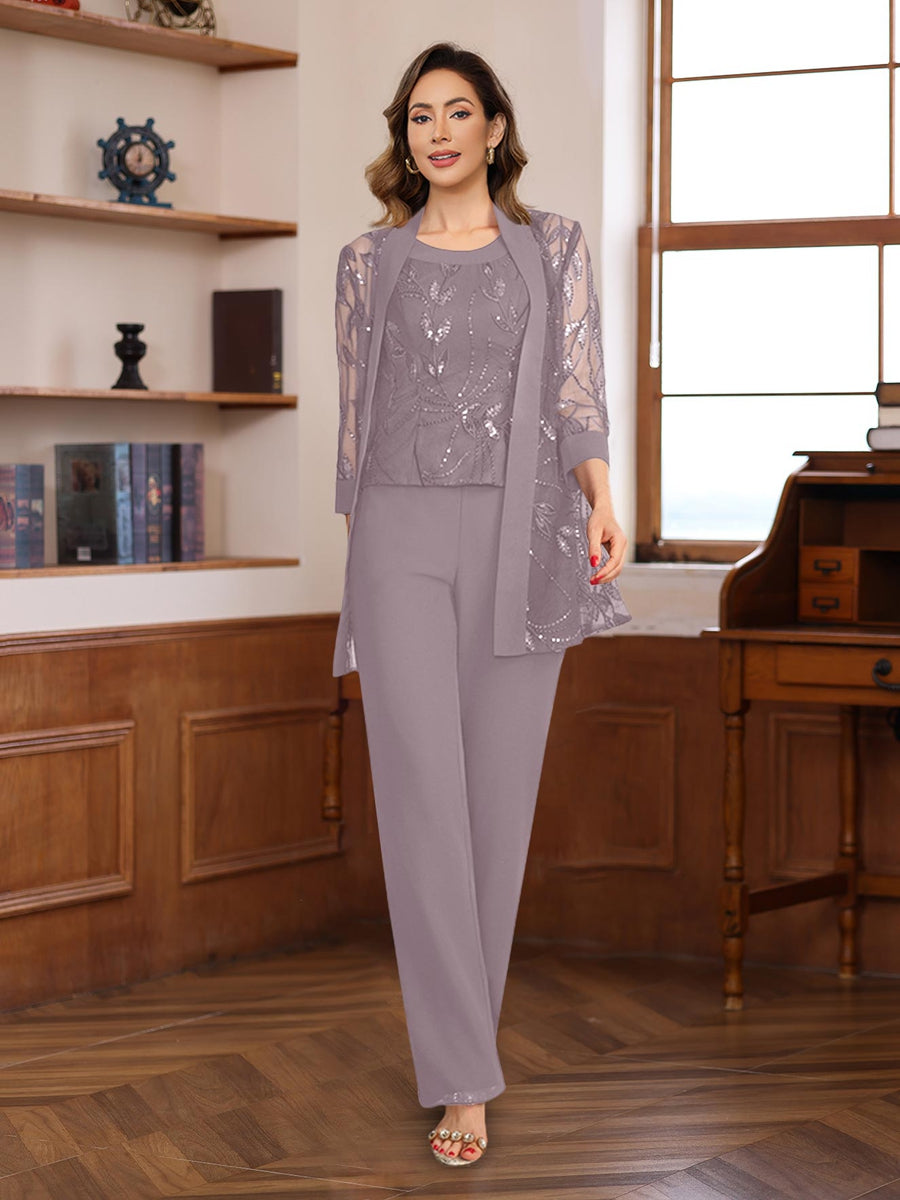 3 Pieces Chiffon Round Neck Floor-Length Mother of the Bride Pantsuits with Sequins