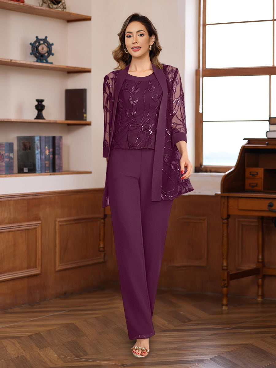 3 Pieces Chiffon Round Neck Floor-Length Mother of the Bride Pantsuits with Sequins