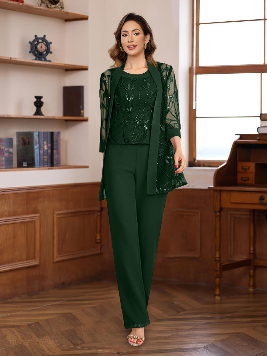 3 Pieces Chiffon Round Neck Floor-Length Mother of the Bride Pantsuits with Sequins