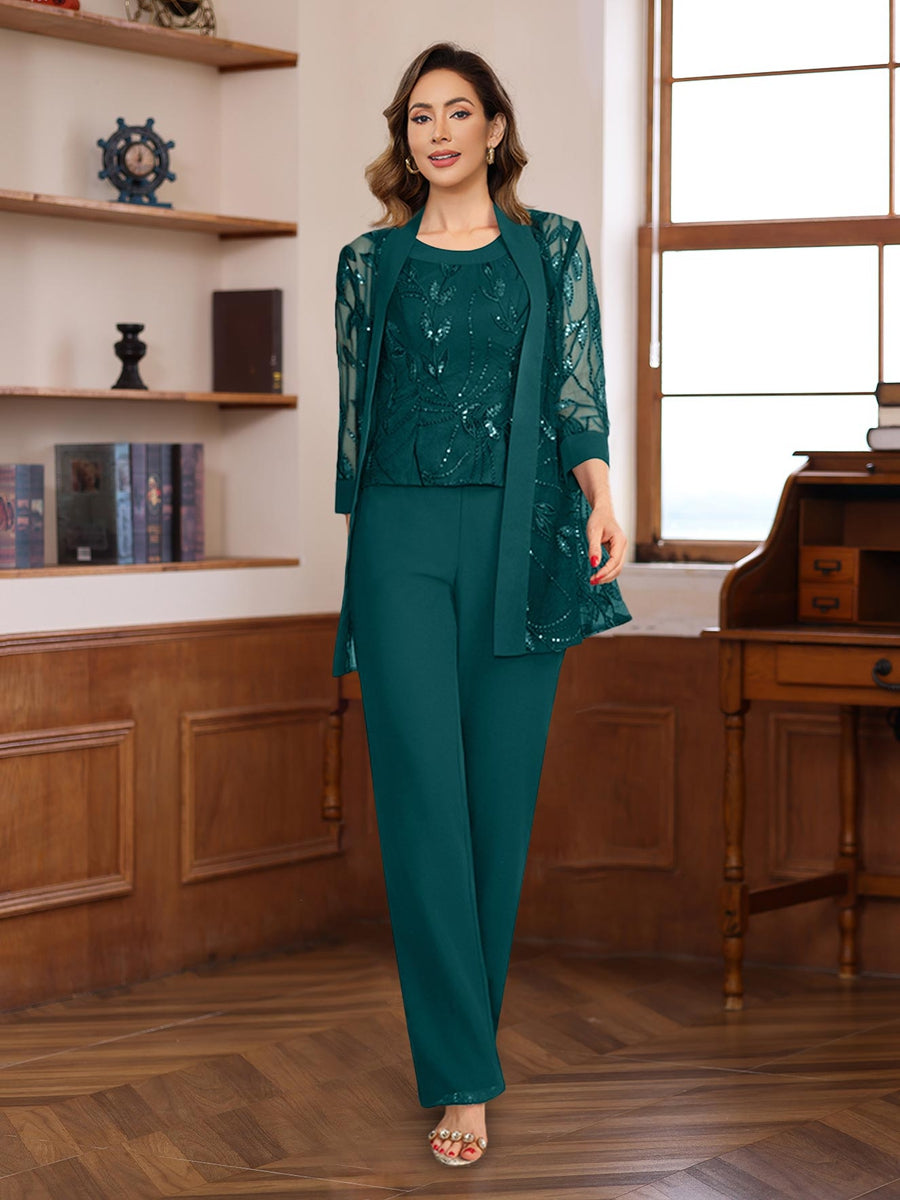 3 Pieces Chiffon Round Neck Floor-Length Mother of the Bride Pantsuits with Sequins