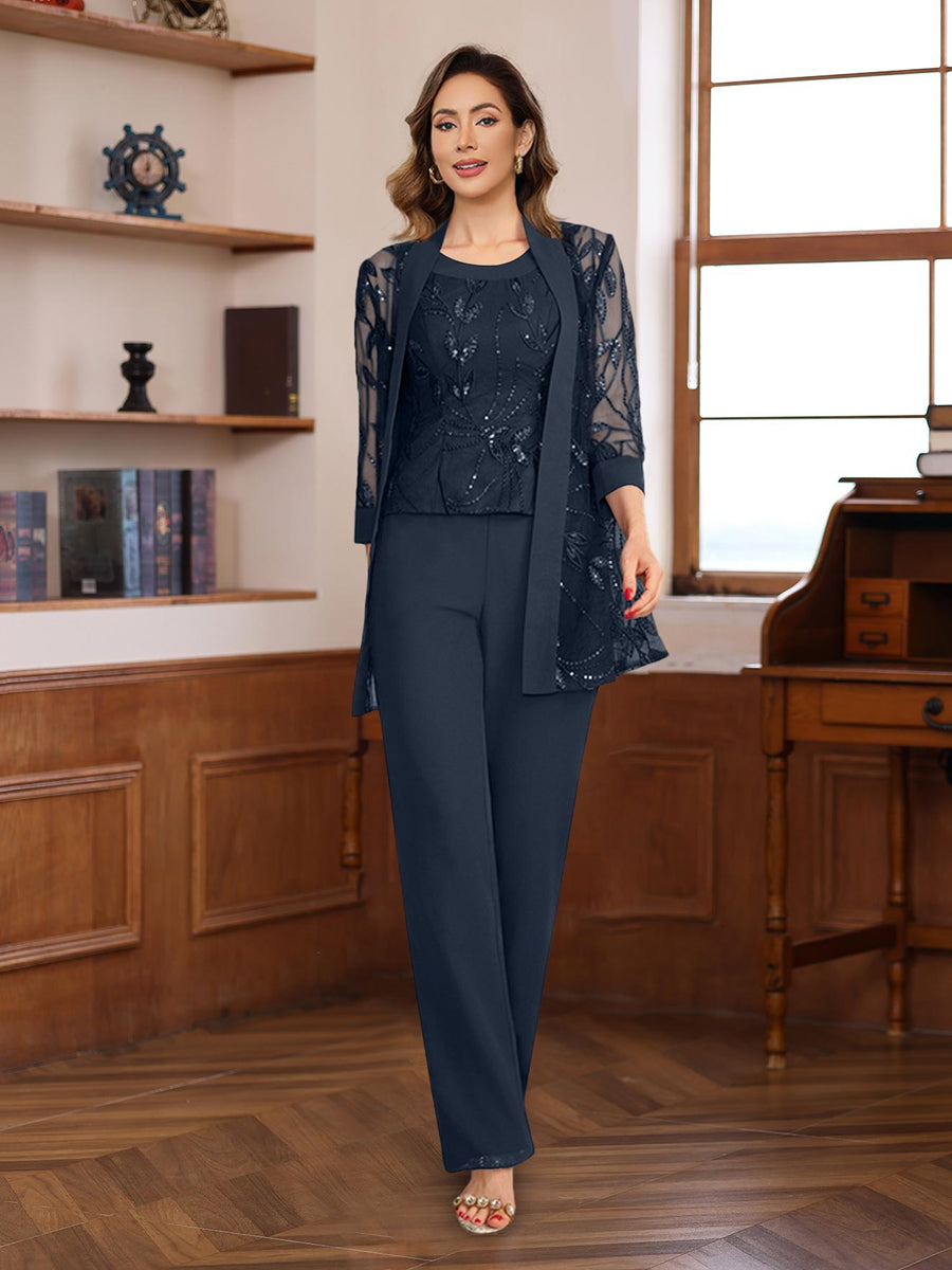 3 Pieces Chiffon Round Neck Floor-Length Mother of the Bride Pantsuits with Sequins