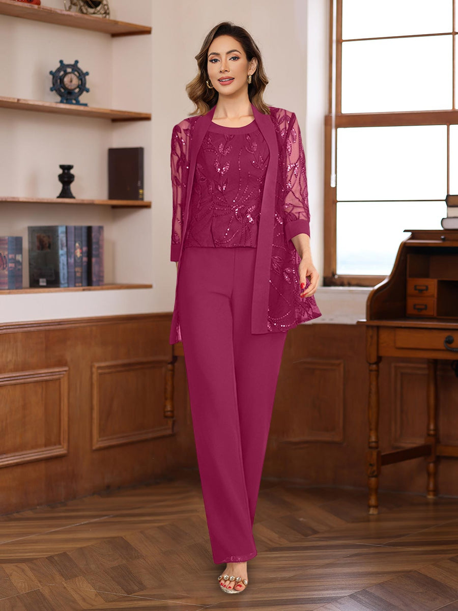 3 Pieces Chiffon Round Neck Floor-Length Mother of the Bride Pantsuits with Sequins