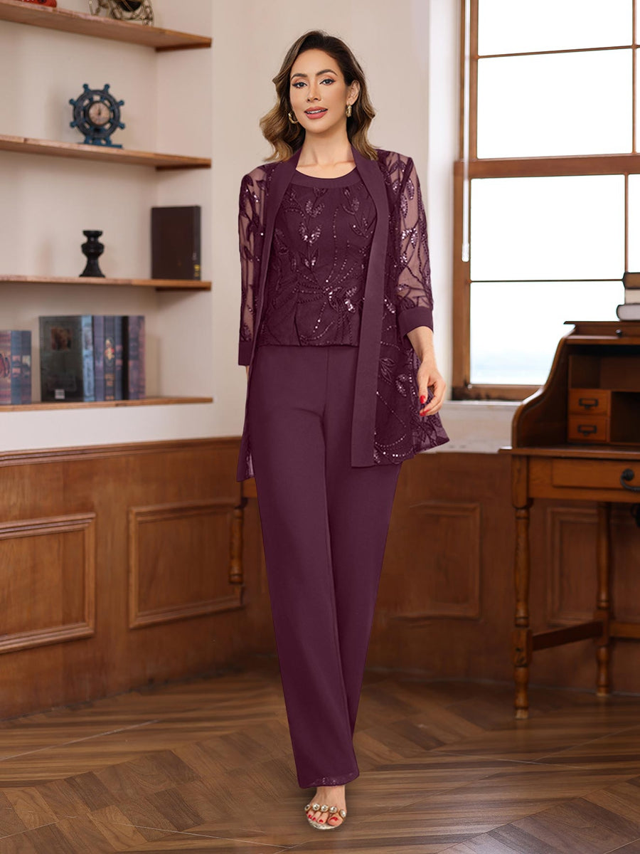 3 Pieces Chiffon Round Neck Floor-Length Mother of the Bride Pantsuits with Sequins