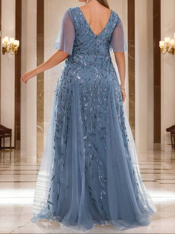 A-Line/Princess V-Neck Short Sleeves Floor-Length Plus Size Mother Of The Bride Dresses with Sequins