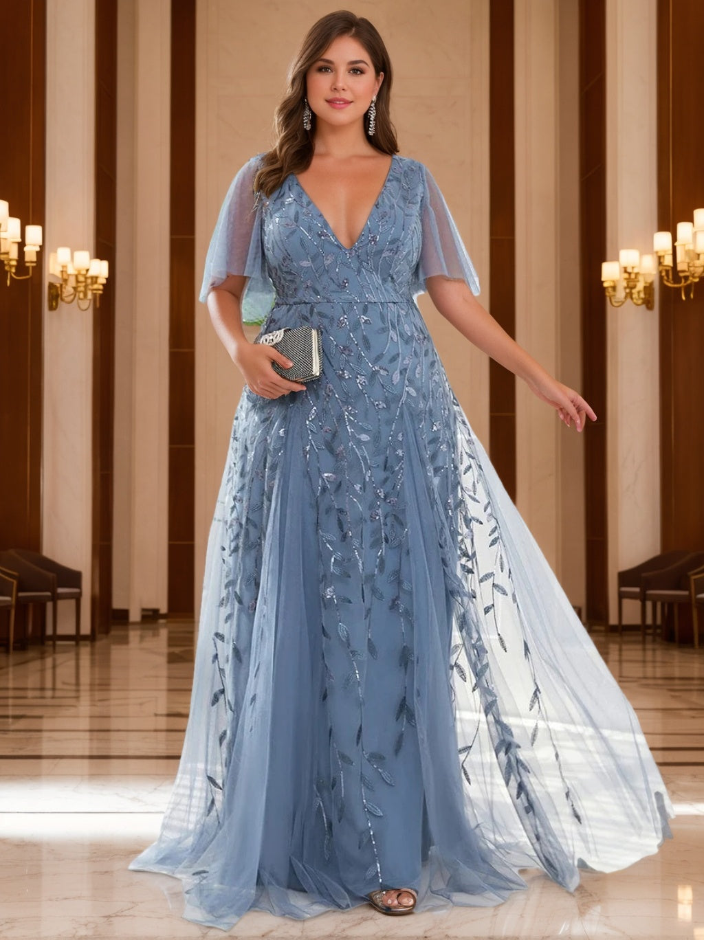 A-Line/Princess V-Neck Short Sleeves Floor-Length Plus Size Mother Of The Bride Dresses with Sequins