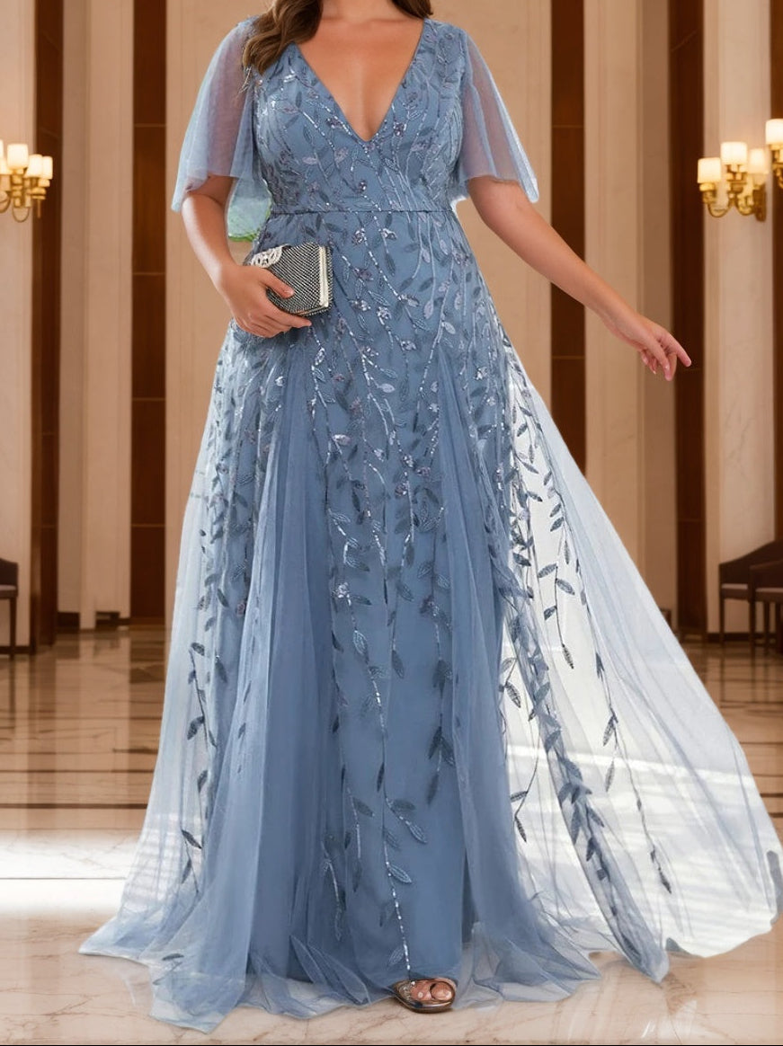 A-Line/Princess V-Neck Short Sleeves Floor-Length Plus Size Mother Of The Bride Dresses with Sequins