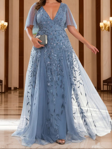 A-Line/Princess V-Neck Short Sleeves Floor-Length Plus Size Mother Of The Bride Dresses with Sequins