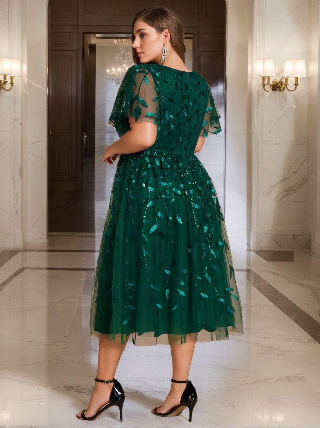 A-Line/Princess V-Neck Short Sleeves Tea-Length Plus Size Mother Of The Bride Dresses with Sequins