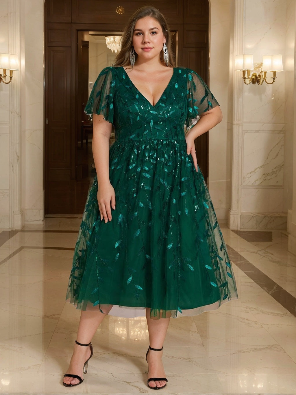 A-Line/Princess V-Neck Short Sleeves Tea-Length Plus Size Mother Of The Bride Dresses with Sequins