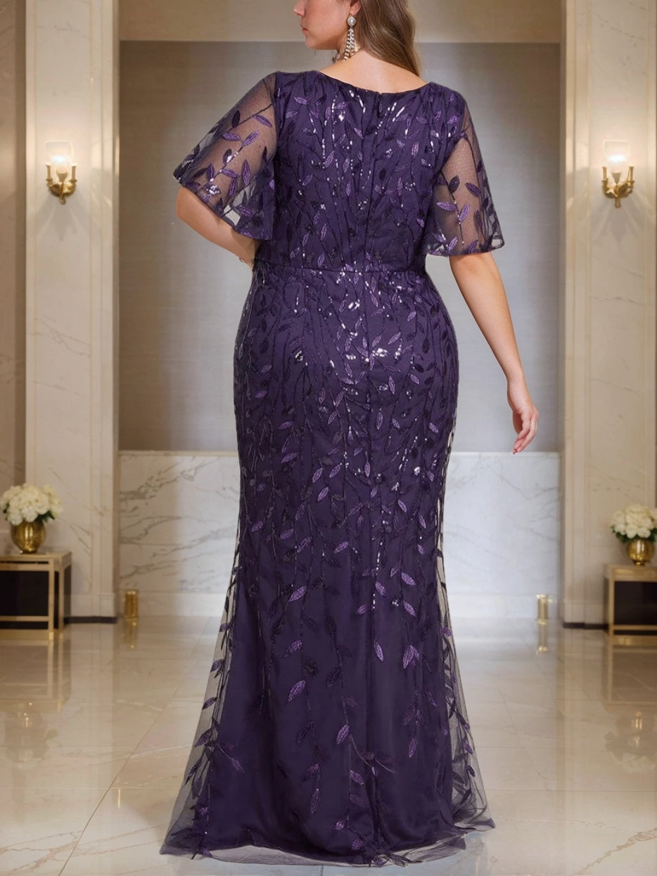 Sheath/Column V-Neck Short Sleeves Floor-Length Plus Size Mother Of The Bride Dresses with Sequins