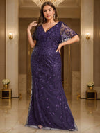 Sheath/Column V-Neck Short Sleeves Floor-Length Plus Size Mother Of The Bride Dresses with Sequins