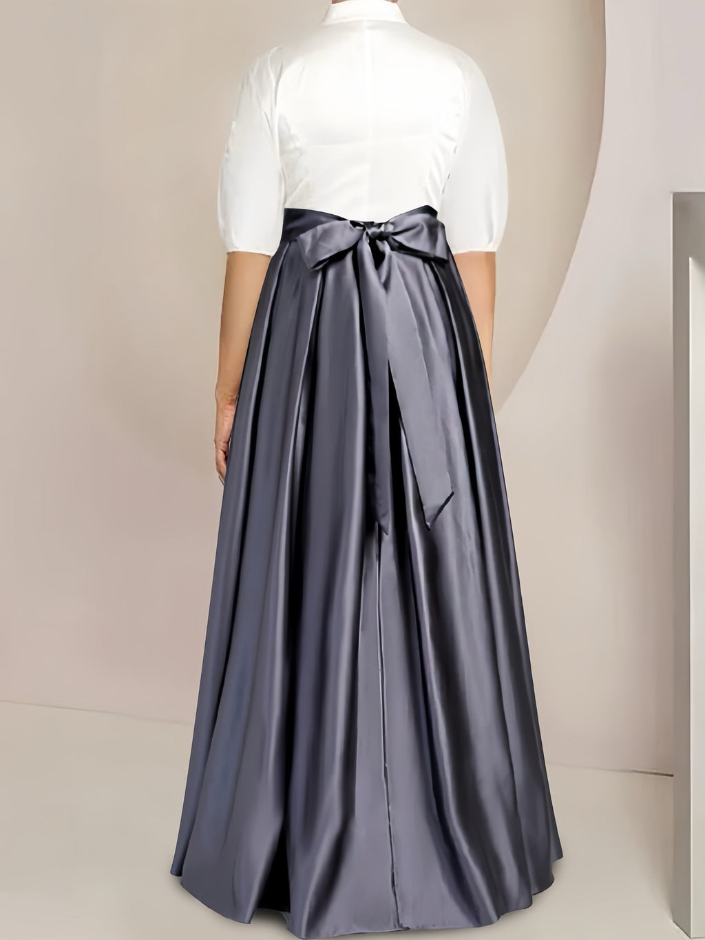 A-Line/Princess Shirt Collar Short Sleeves Floor-Length 2 pieces Satin Plus Size Mother Of The Bride Dresses with Bowknot