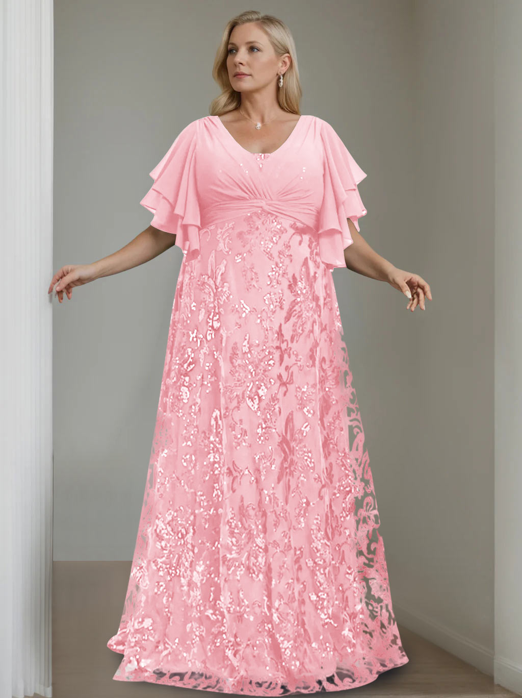 A-Line/Princess V-Neck Half Sleeves Floor-Length Plus Size Mother of the Bride Dresses with Sequins