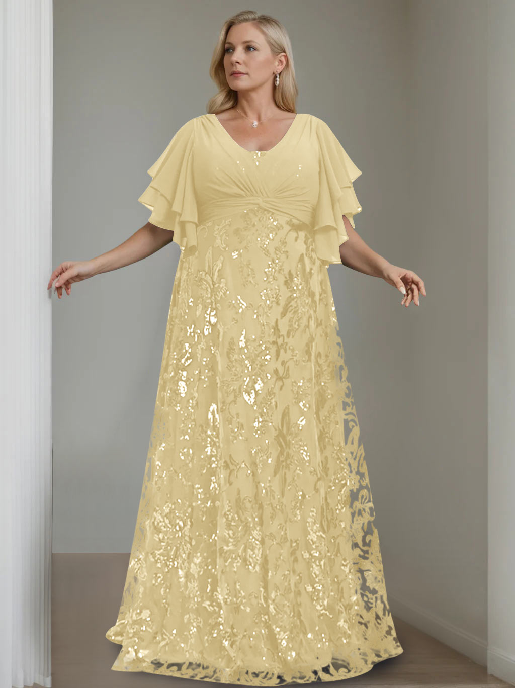 A-Line/Princess V-Neck Half Sleeves Floor-Length Plus Size Mother of the Bride Dresses with Sequins