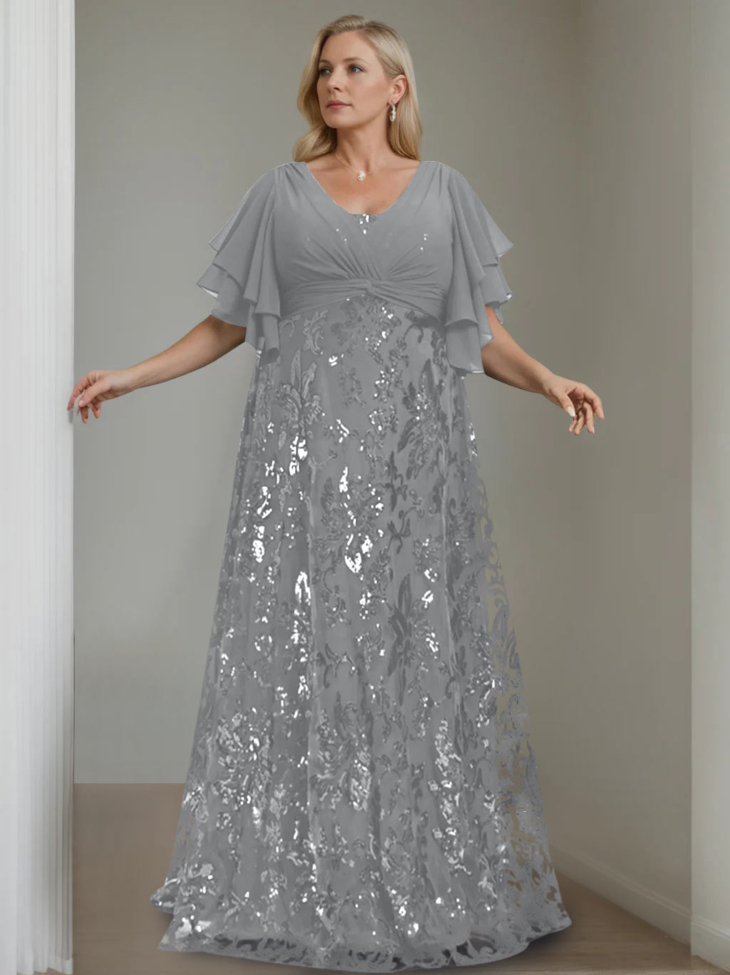 A-Line/Princess V-Neck Half Sleeves Floor-Length Plus Size Mother of the Bride Dresses with Sequins