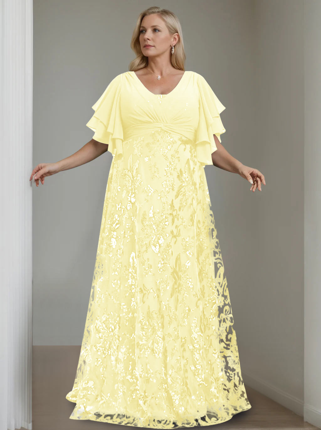 A-Line/Princess V-Neck Half Sleeves Floor-Length Plus Size Mother of the Bride Dresses with Sequins