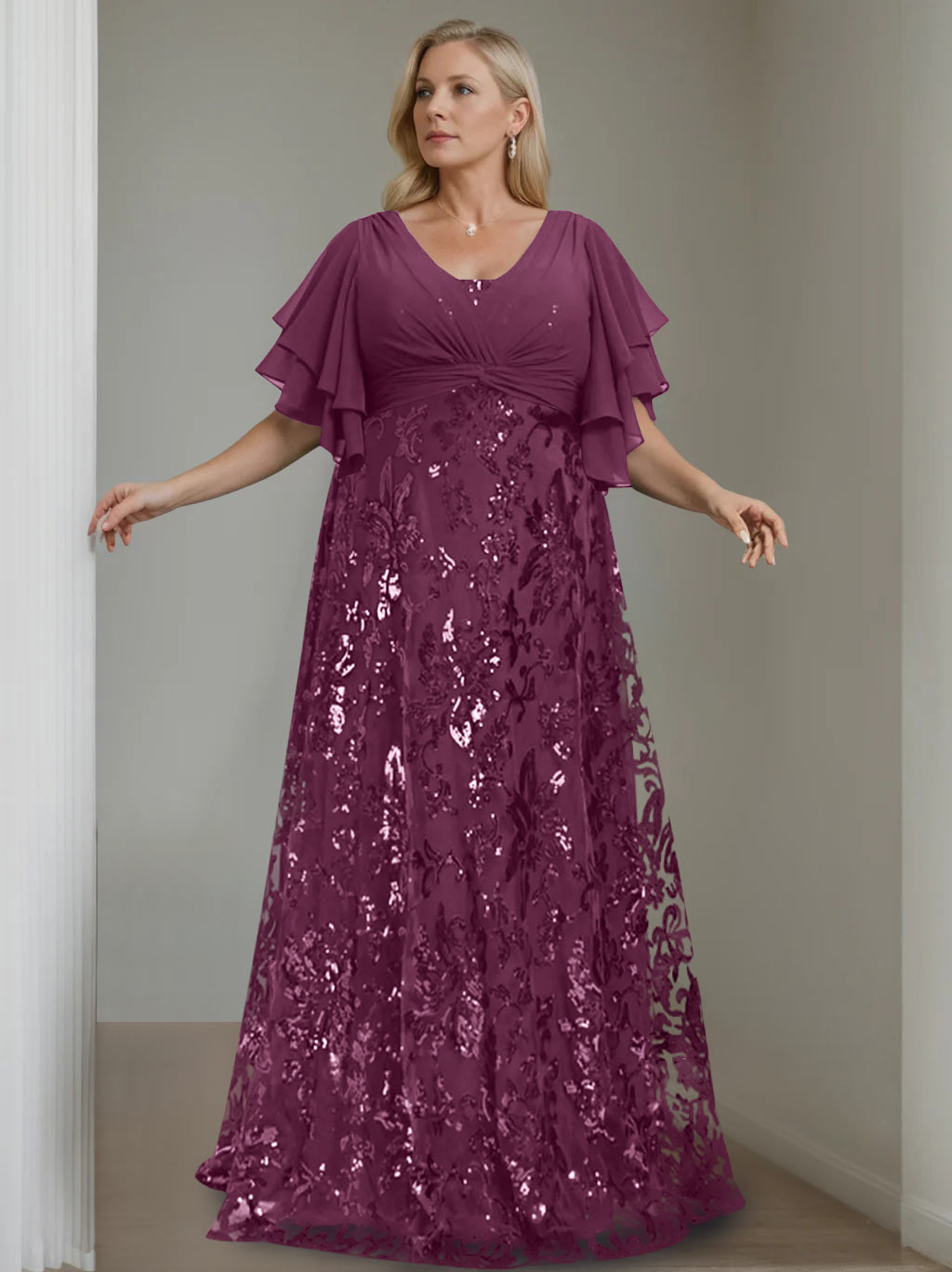 A-Line/Princess V-Neck Half Sleeves Floor-Length Plus Size Mother of the Bride Dresses with Sequins