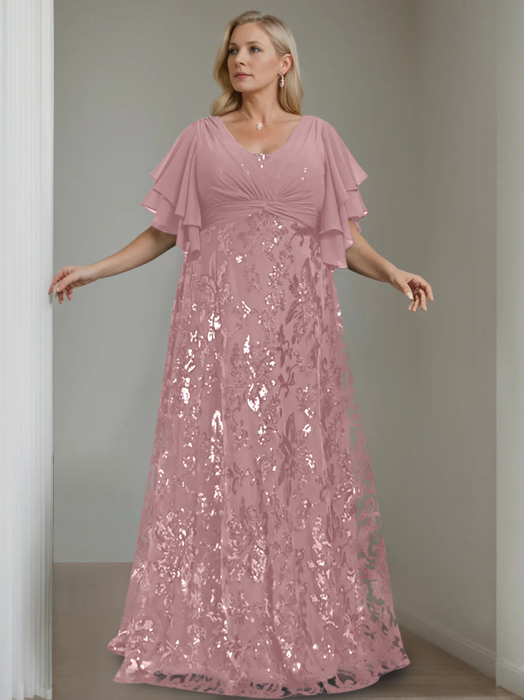 A-Line/Princess V-Neck Half Sleeves Floor-Length Plus Size Mother of the Bride Dresses with Sequins