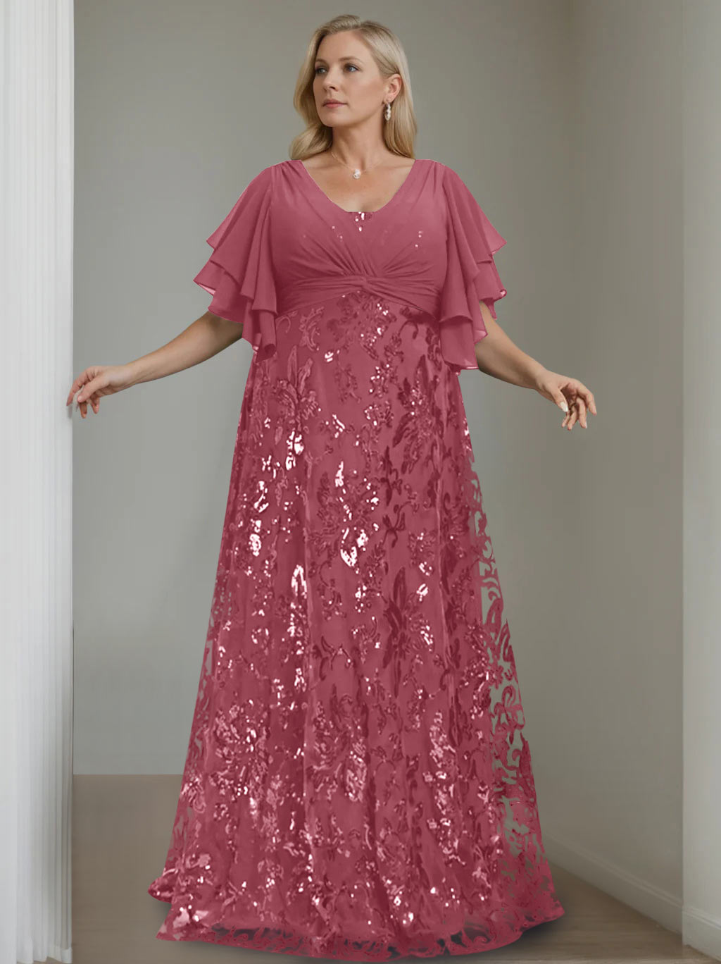 A-Line/Princess V-Neck Half Sleeves Floor-Length Plus Size Mother of the Bride Dresses with Sequins