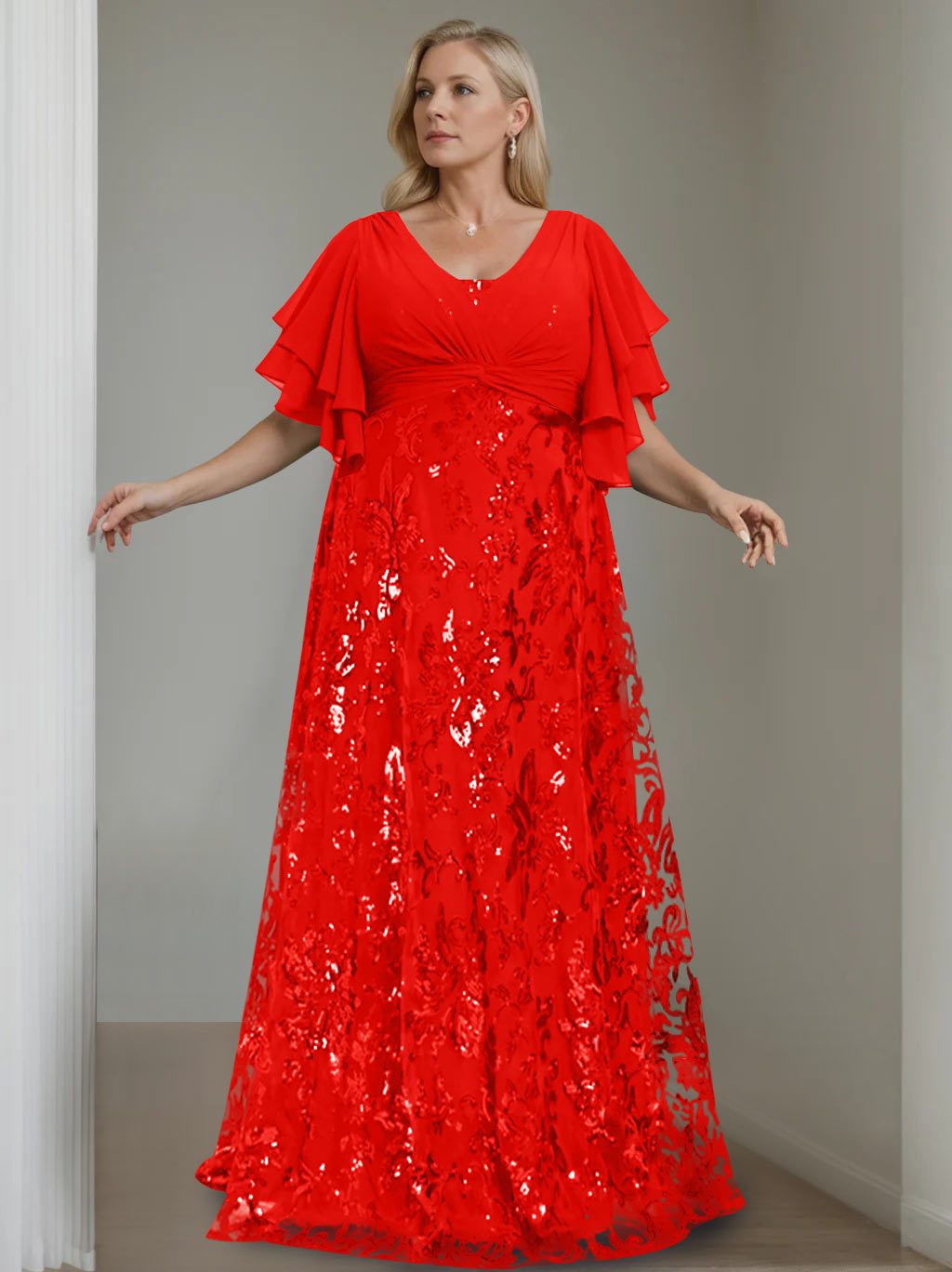 A-Line/Princess V-Neck Half Sleeves Floor-Length Plus Size Mother of the Bride Dresses with Sequins