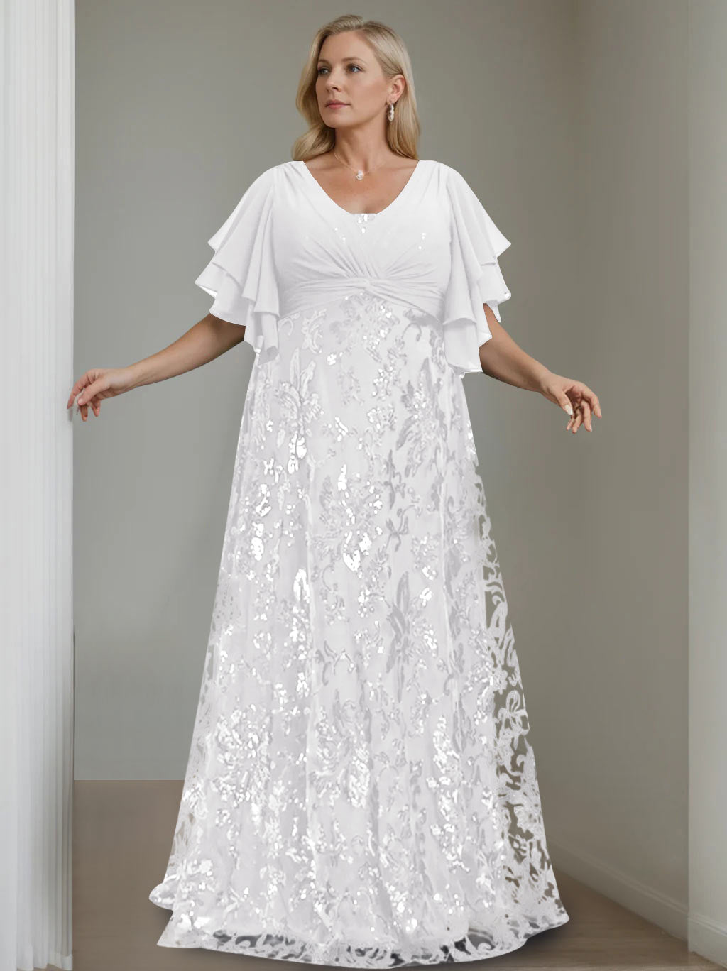 A-Line/Princess V-Neck Half Sleeves Floor-Length Plus Size Mother of the Bride Dresses with Sequins