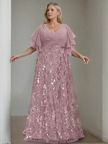 A-Line/Princess V-Neck Half Sleeves Floor-Length Plus Size Mother of the Bride Dresses with Sequins