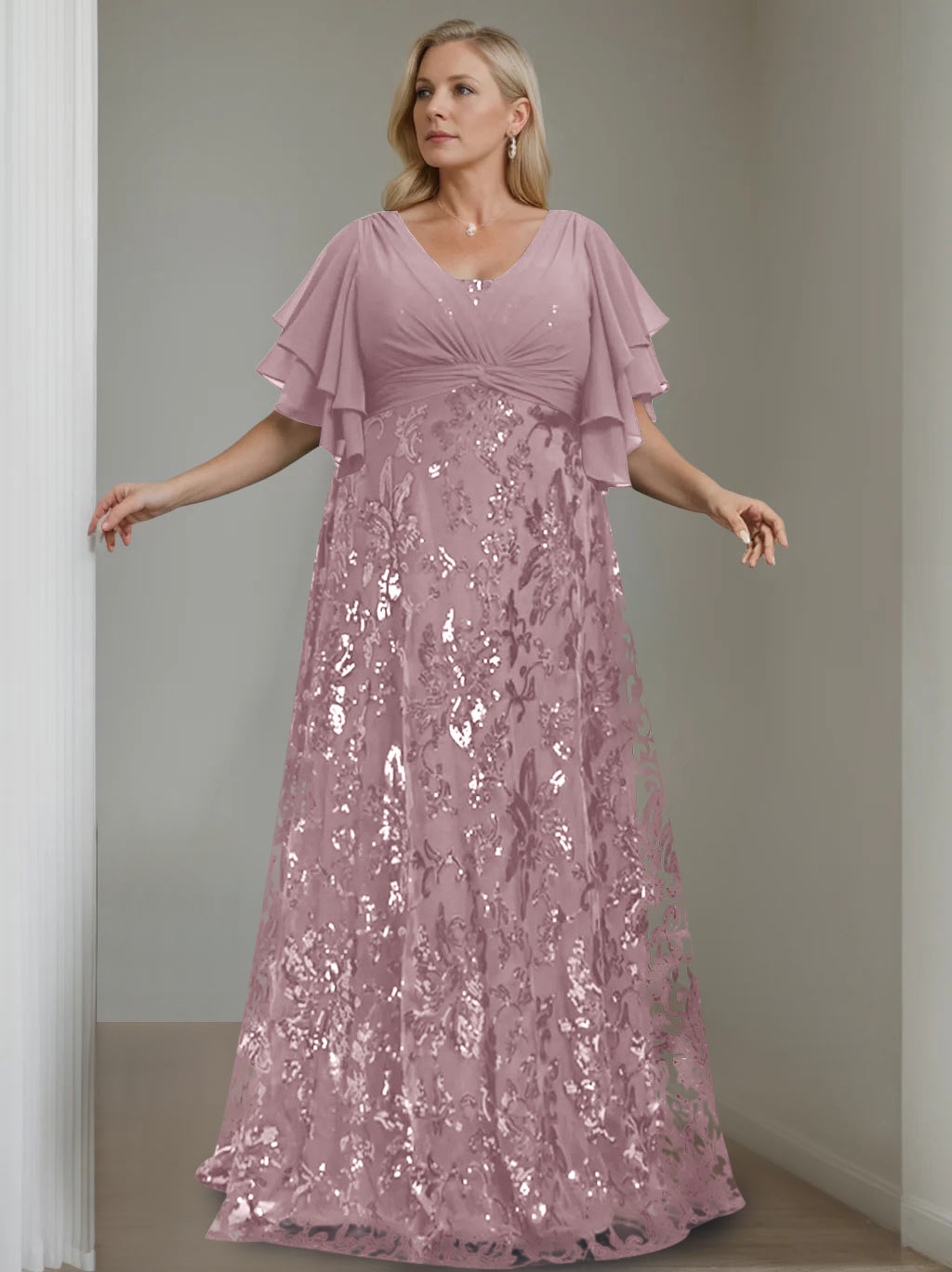 A-Line/Princess V-Neck Half Sleeves Floor-Length Plus Size Mother of the Bride Dresses with Sequins