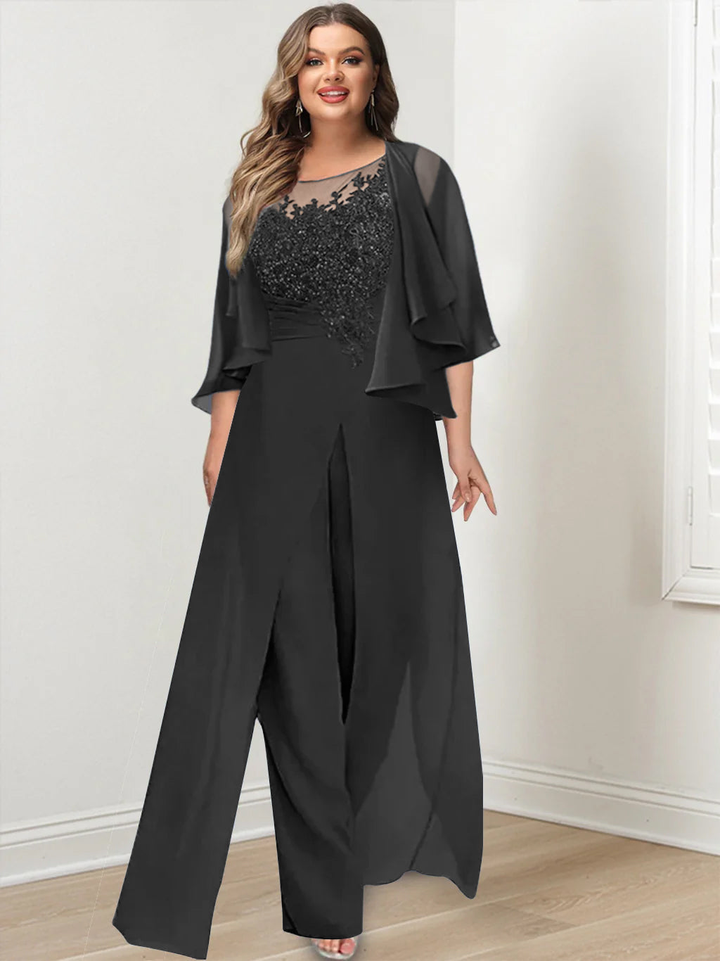 A-Line/Princess Scoop Floor-Length Plus Size Mother of the Bride Jumpsuits with Jacket, Split Side & Appliques