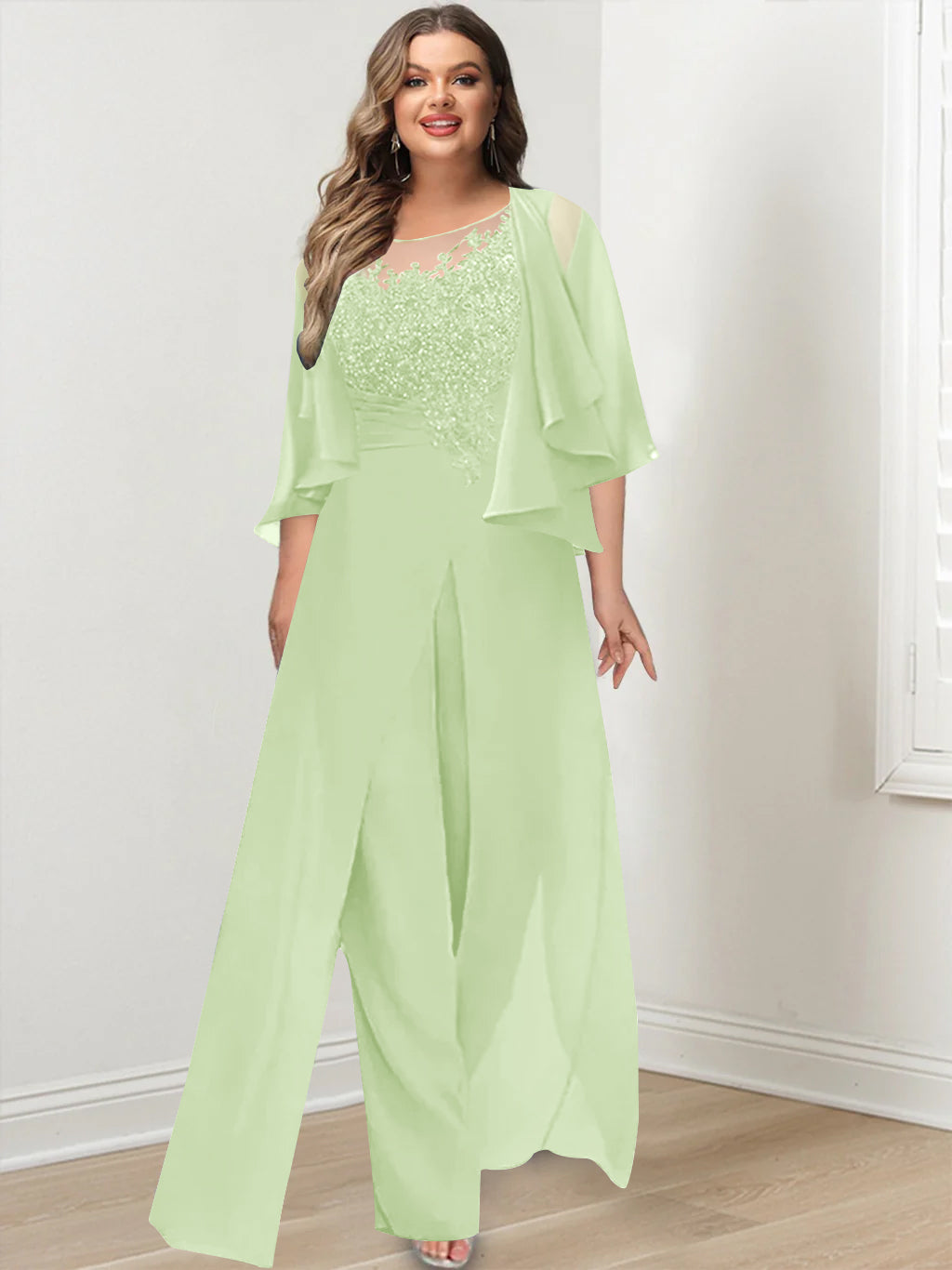 A-Line/Princess Scoop Floor-Length Plus Size Mother of the Bride Jumpsuits with Jacket, Split Side & Appliques