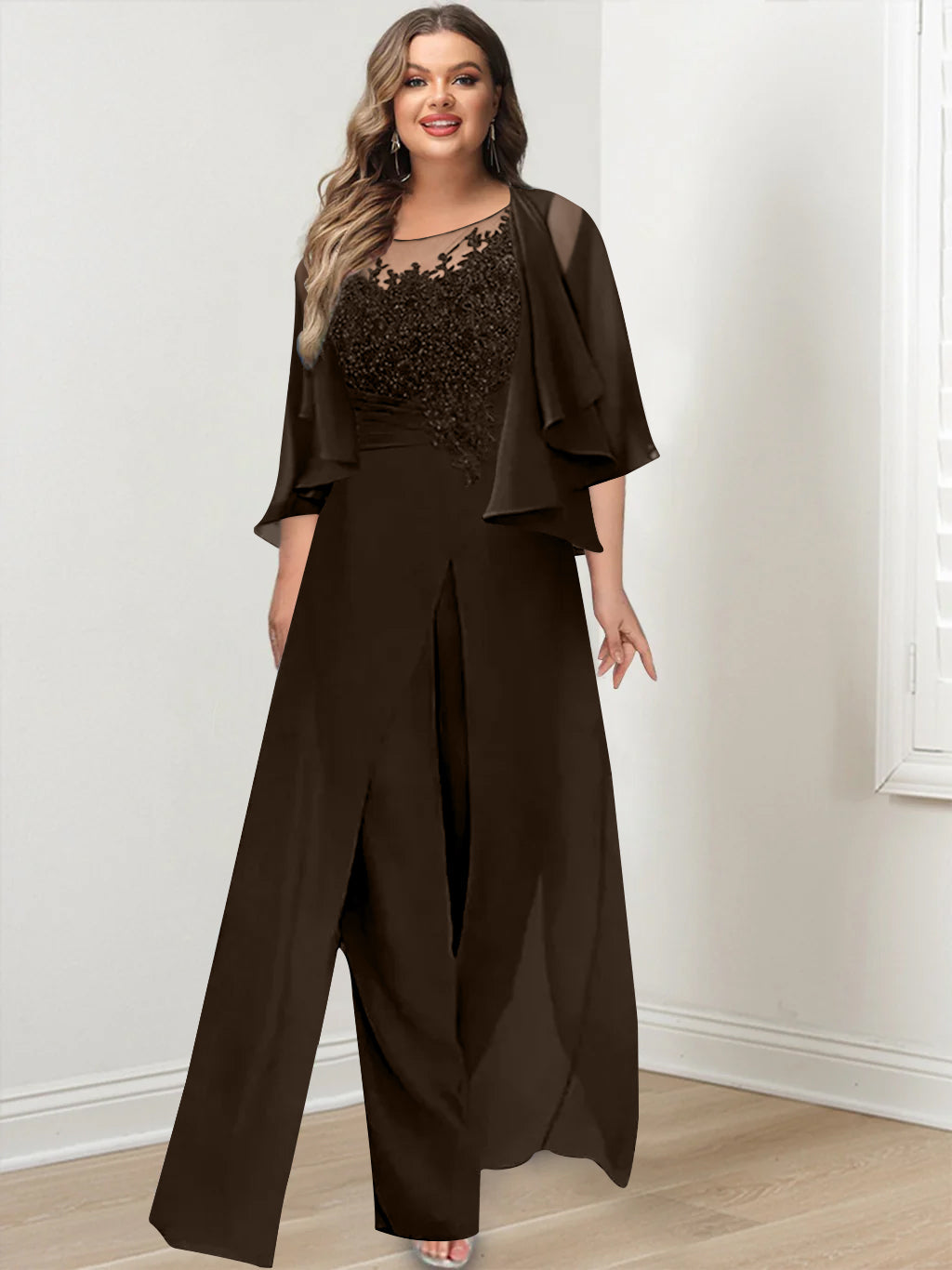 A-Line/Princess Scoop Floor-Length Plus Size Mother of the Bride Jumpsuits with Jacket, Split Side & Appliques
