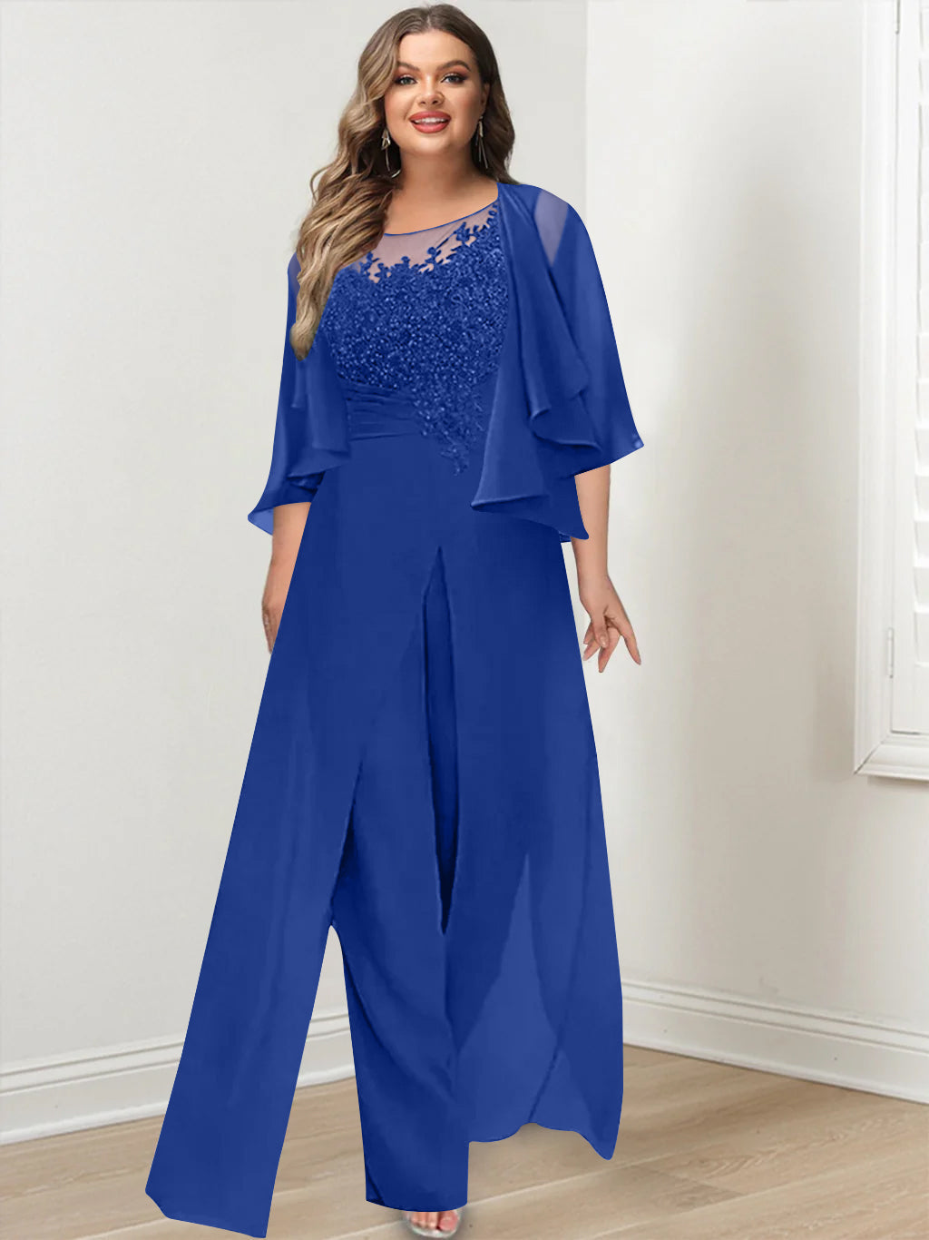 A-Line/Princess Scoop Floor-Length Plus Size Mother of the Bride Jumpsuits with Jacket, Split Side & Appliques