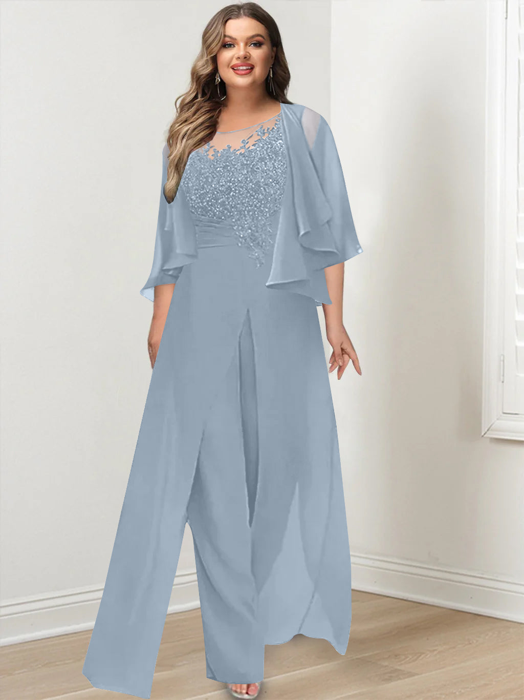 A-Line/Princess Scoop Floor-Length Plus Size Mother of the Bride Jumpsuits with Jacket, Split Side & Appliques