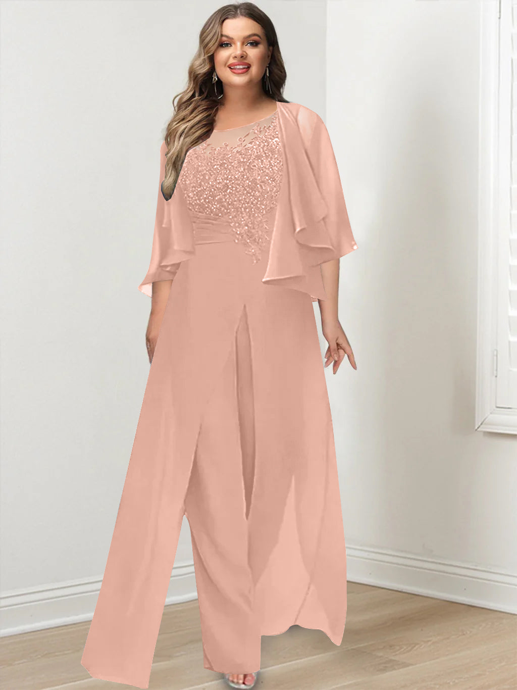 A-Line/Princess Scoop Floor-Length Plus Size Mother of the Bride Jumpsuits with Jacket, Split Side & Appliques