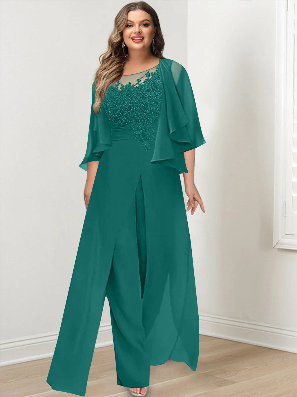 A-Line/Princess Scoop Floor-Length Plus Size Mother of the Bride Jumpsuits with Jacket, Split Side & Appliques