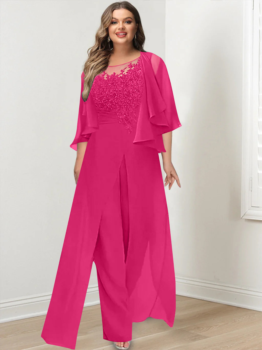 A-Line/Princess Scoop Floor-Length Plus Size Mother of the Bride Jumpsuits with Jacket, Split Side & Appliques