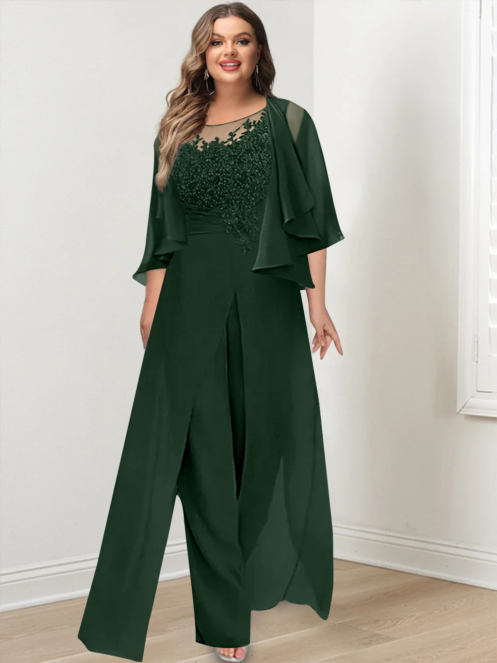 A-Line/Princess Scoop Floor-Length Plus Size Mother of the Bride Jumpsuits with Jacket, Split Side & Appliques