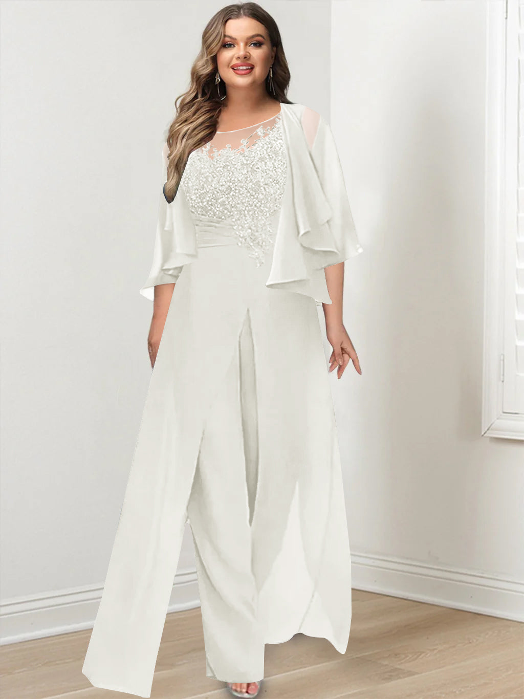 A-Line/Princess Scoop Floor-Length Plus Size Mother of the Bride Jumpsuits with Jacket, Split Side & Appliques