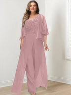 A-Line/Princess Scoop Floor-Length Plus Size Mother of the Bride Jumpsuits with Jacket, Split Side & Appliques