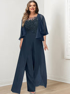 A-Line/Princess Scoop Floor-Length Plus Size Mother of the Bride Jumpsuits with Jacket, Split Side & Appliques
