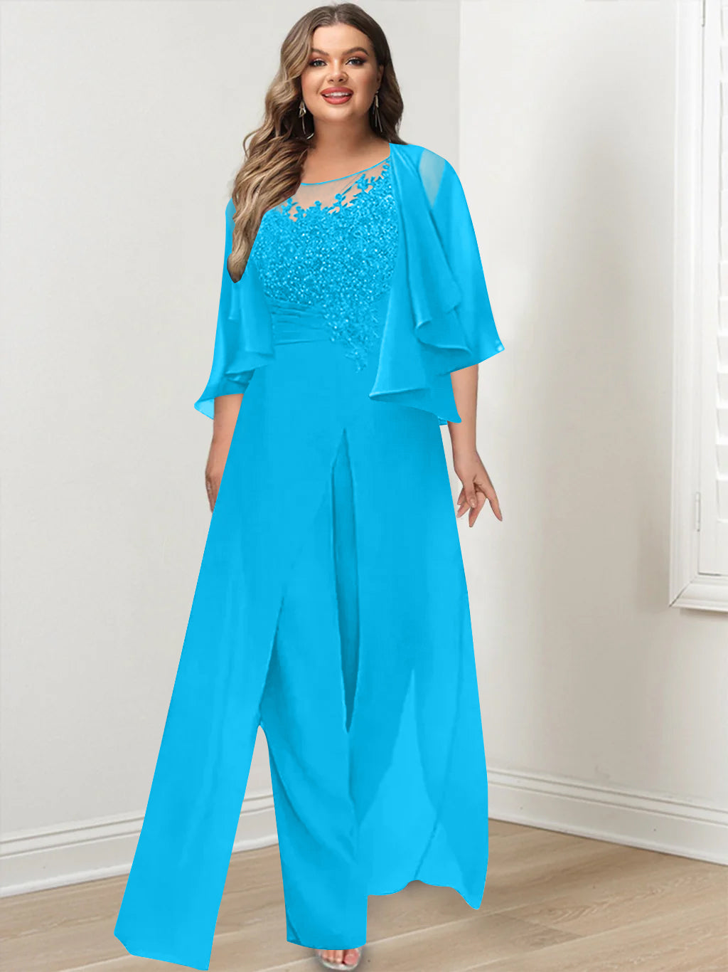 A-Line/Princess Scoop Floor-Length Plus Size Mother of the Bride Jumpsuits with Jacket, Split Side & Appliques