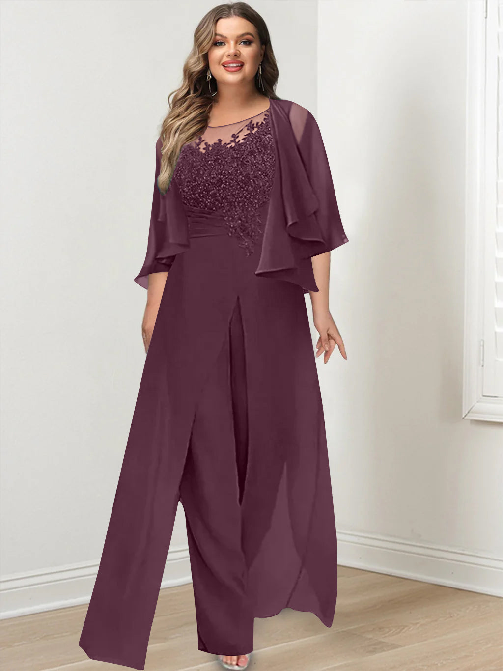 A-Line/Princess Scoop Floor-Length Plus Size Mother of the Bride Jumpsuits with Jacket, Split Side & Appliques