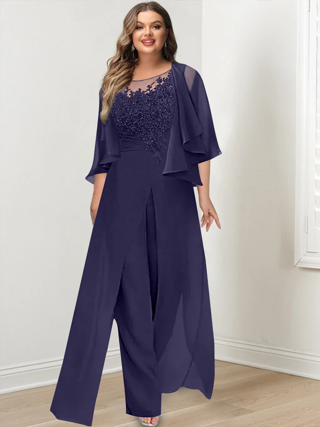 A-Line/Princess Scoop Floor-Length Plus Size Mother of the Bride Jumpsuits with Jacket, Split Side & Appliques