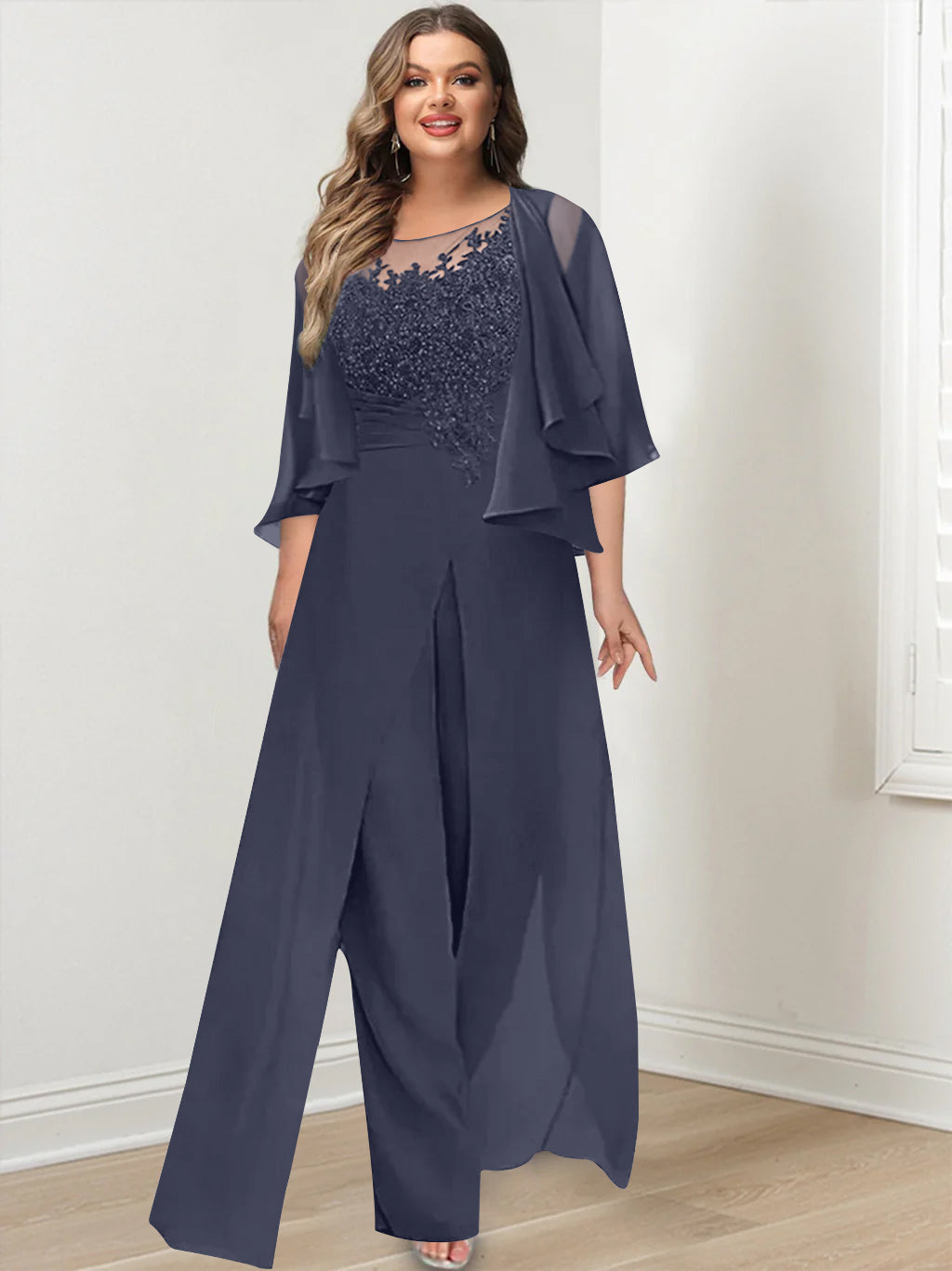 A-Line/Princess Scoop Floor-Length Plus Size Mother of the Bride Jumpsuits with Jacket, Split Side & Appliques