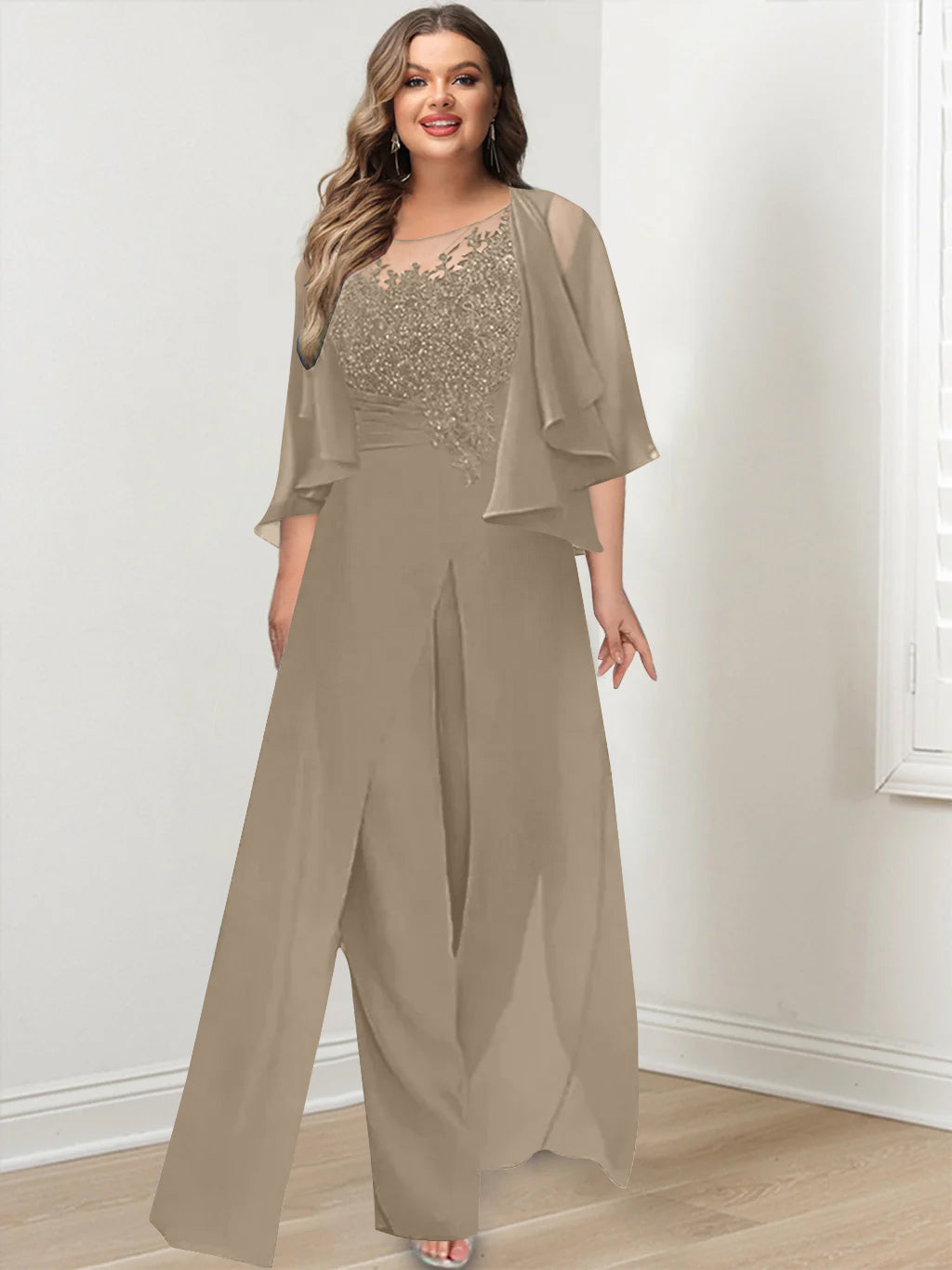 A-Line/Princess Scoop Floor-Length Plus Size Mother of the Bride Jumpsuits with Jacket, Split Side & Appliques