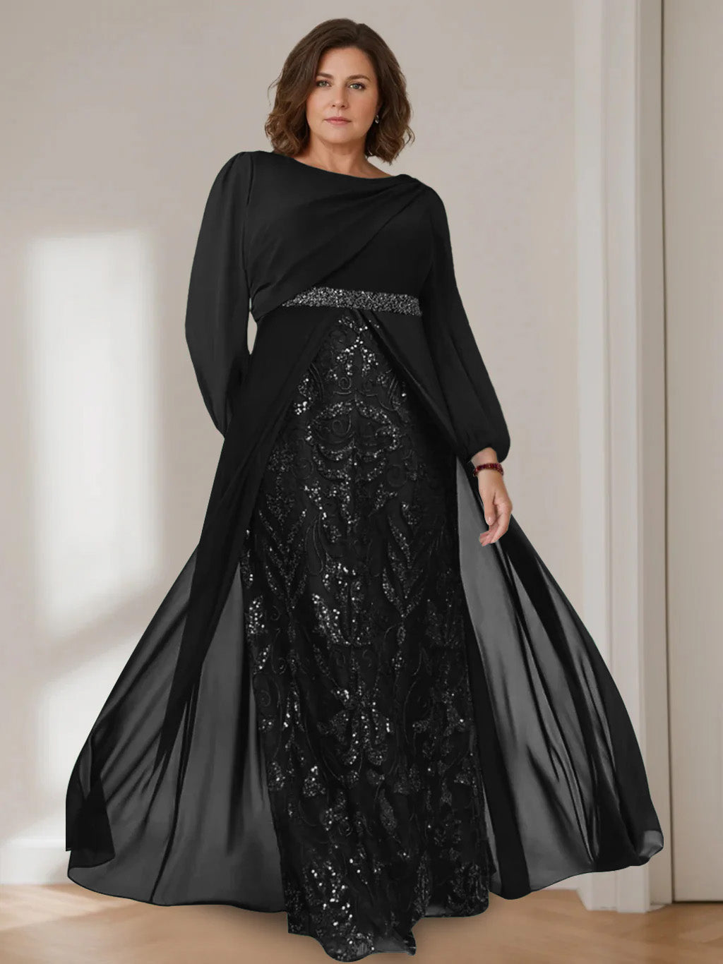 A-Line/Princess Scoop Long Sleeves Floor-Length Plus Size Mother of the Bride Dresses with Sequins