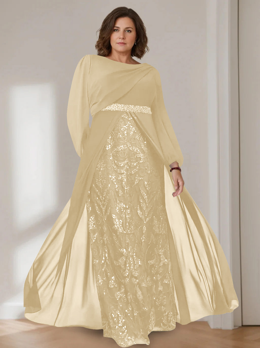 A-Line/Princess Scoop Long Sleeves Floor-Length Plus Size Mother of the Bride Dresses with Sequins