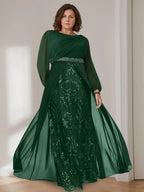 A-Line/Princess Scoop Long Sleeves Floor-Length Plus Size Mother of the Bride Dresses with Sequins