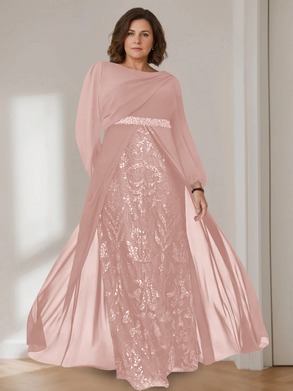 A-Line/Princess Scoop Long Sleeves Floor-Length Plus Size Mother of the Bride Dresses with Sequins