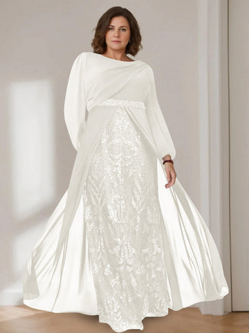 A-Line/Princess Scoop Long Sleeves Floor-Length Plus Size Mother of the Bride Dresses with Sequins